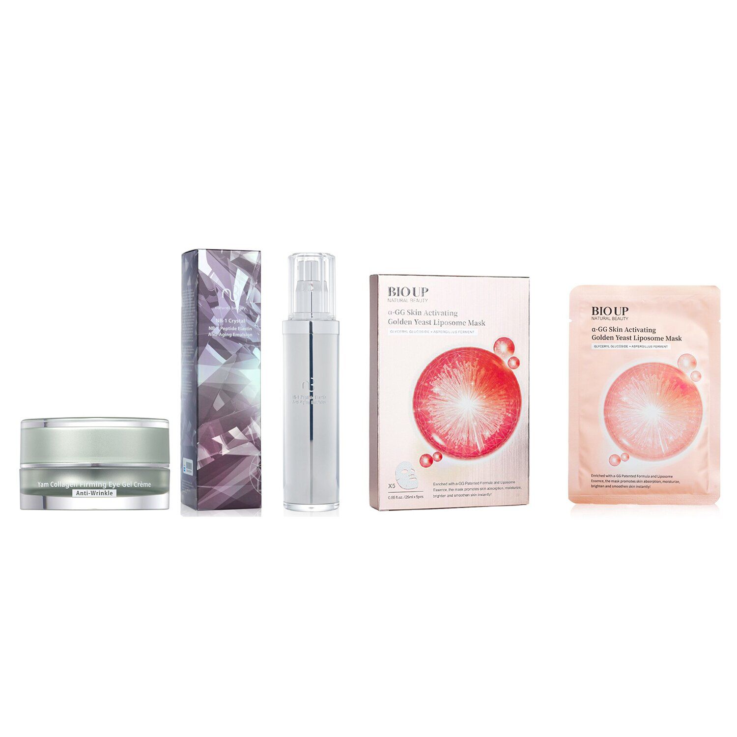 NATURAL BEAUTY - Deluxe Anti-Aging Bundle:Crystal NB-1 Peptide Elastin Anti-Aging Emulsion+Yam Collagen Firming Eye Gel Creme+BIO UP a-GG Mask 3pcs